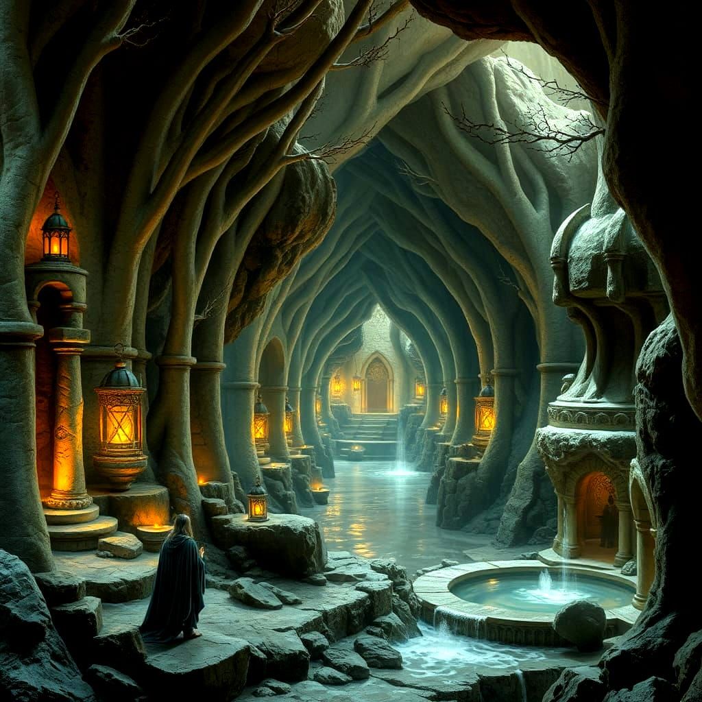 Majestic Elven City of Menegroth in Pre-Raphaelite Style