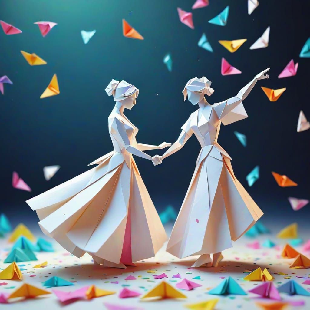 Origami Couple Waltzing in Vibrant Pastel Light