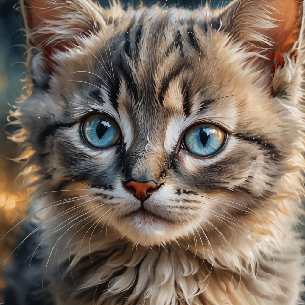 Grey Kitten with Blue Eyes, Oil Painting