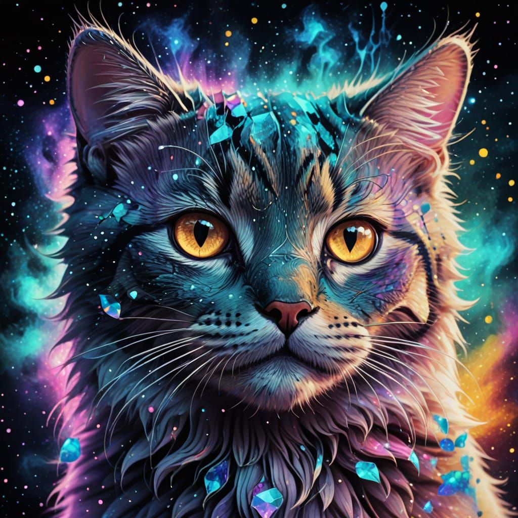 Whimsical Cosmic Feline in Vibrant Holographic Style
