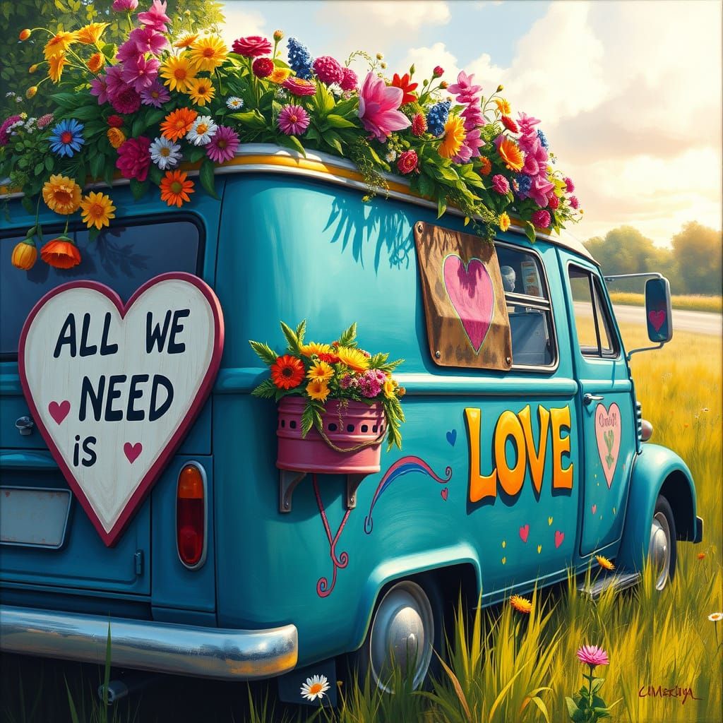 Vibrant Hippie Flower Truck in a Sunny Meadow