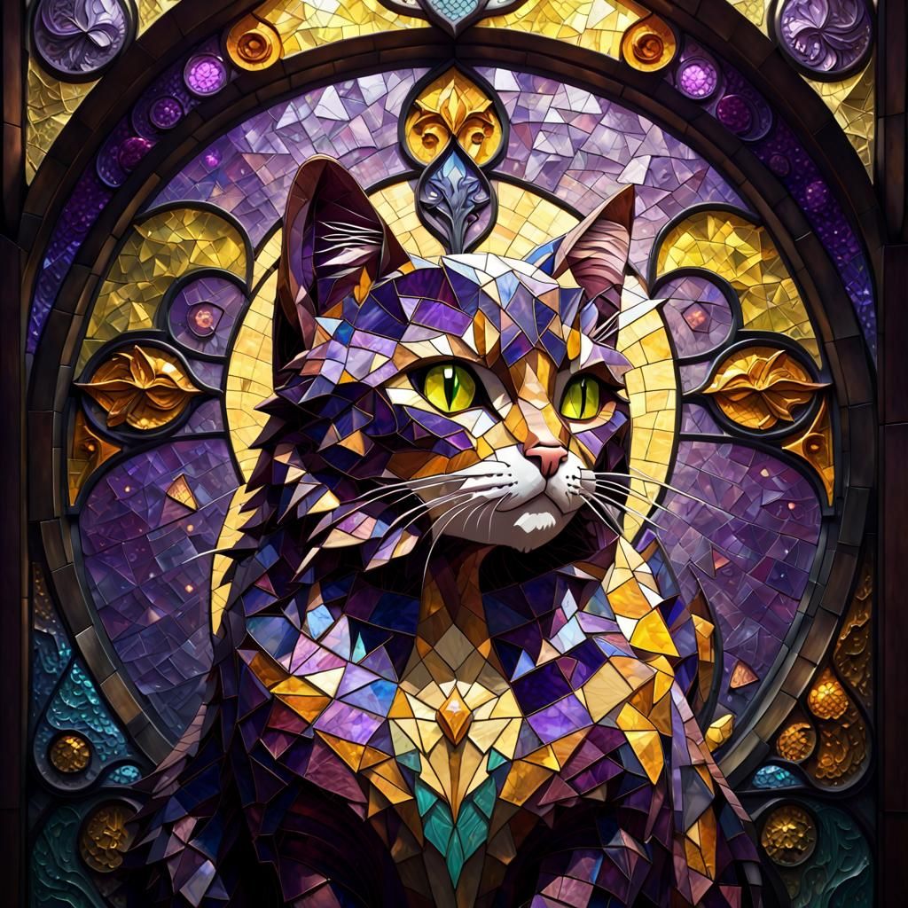 Stained Glass Mosaic Cat in Dark Fantasy Style