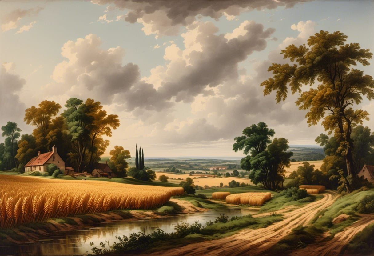 Vintage Wheat Fields Landscape Oil Painting