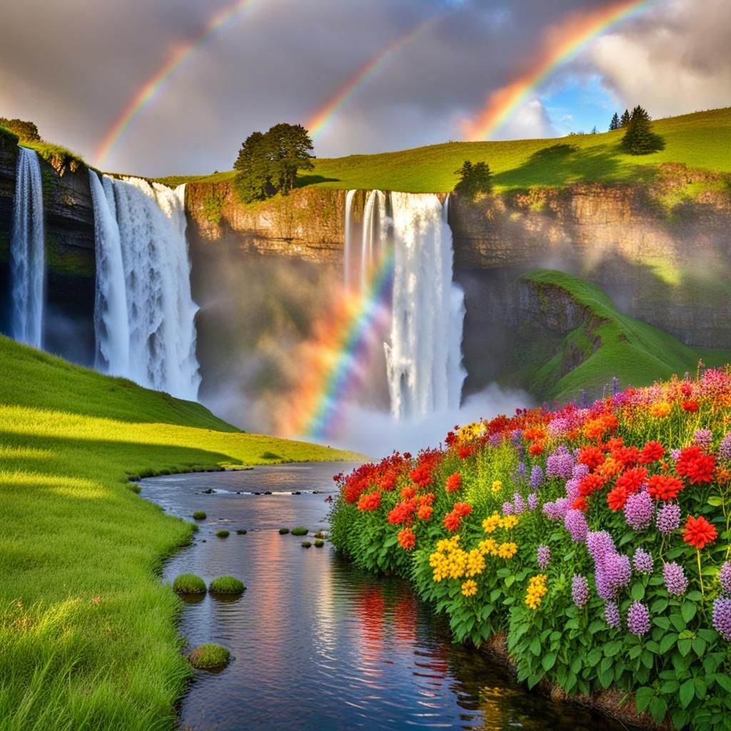 Rainbow Waterfall in Flower Meadow Landscape