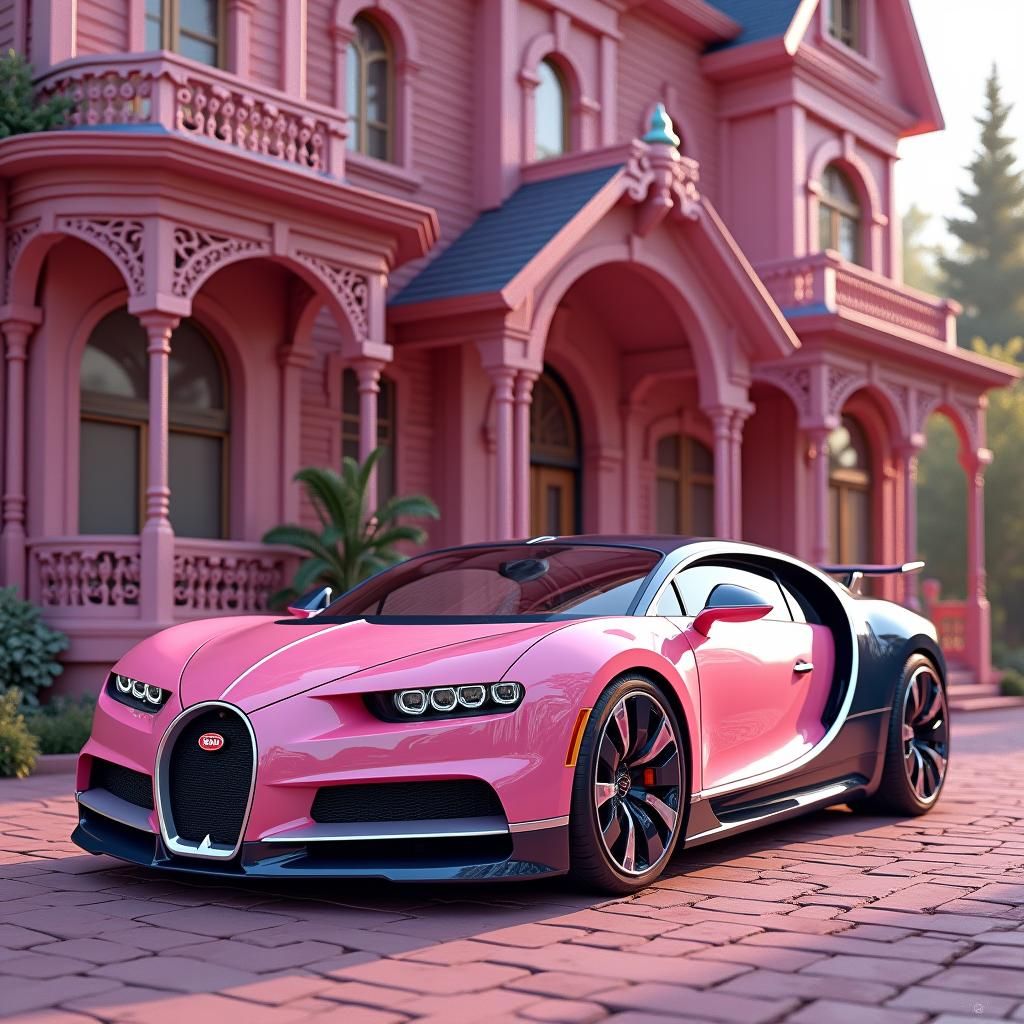 Pink Bugatti Parked at Pink Victorian Mansion