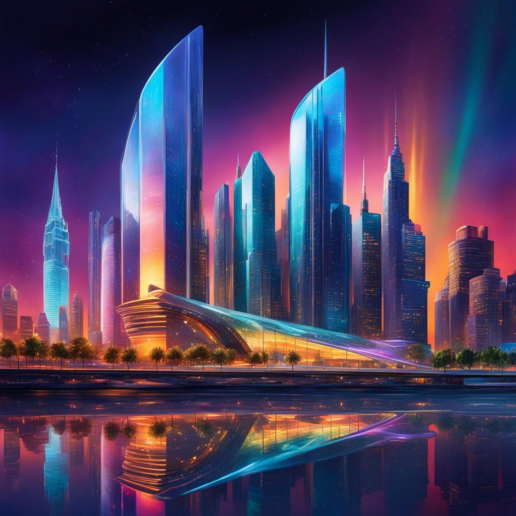 Futuristic Technicolor City Skyline on Riverfront
