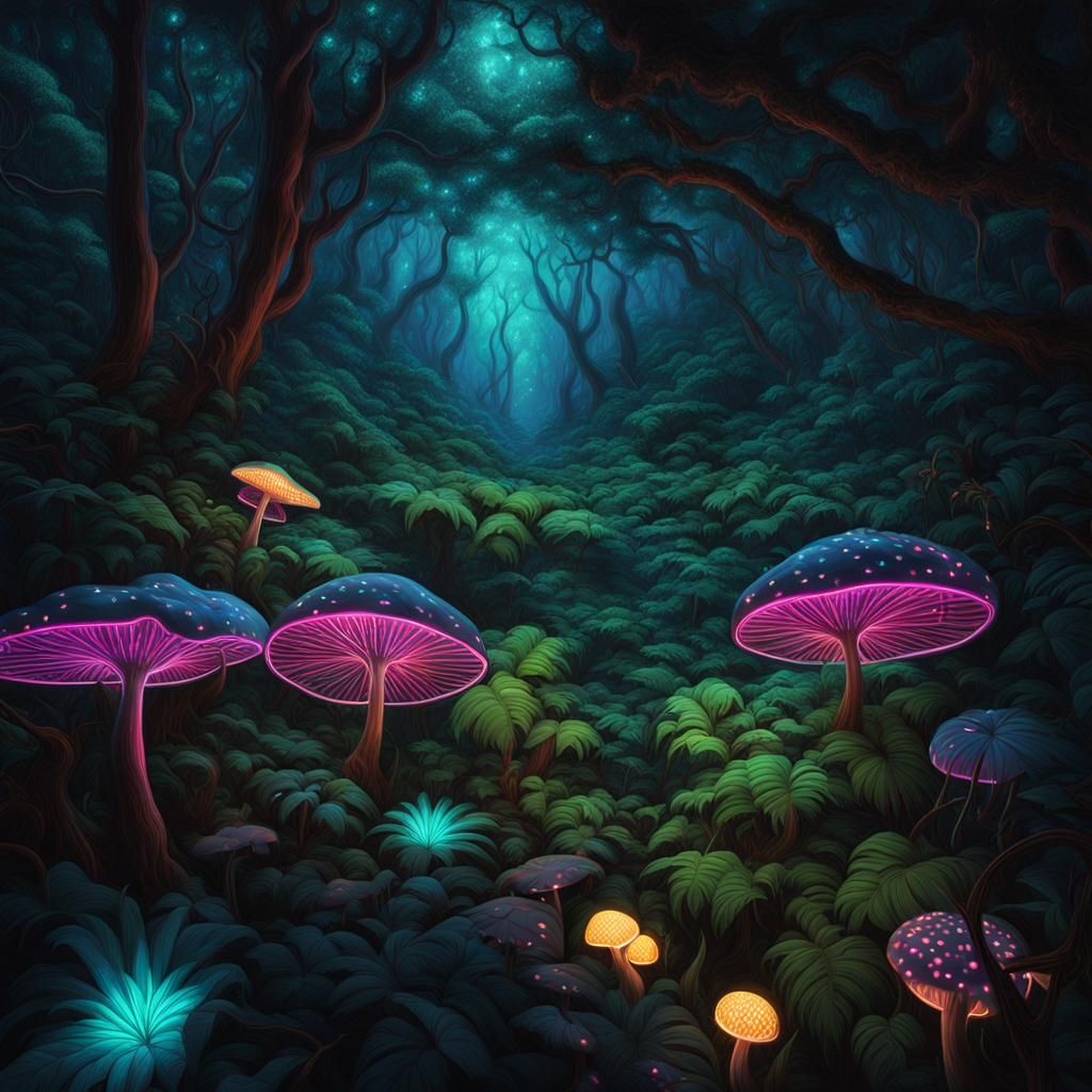 Neon Lit Rainforest Canopy at Night