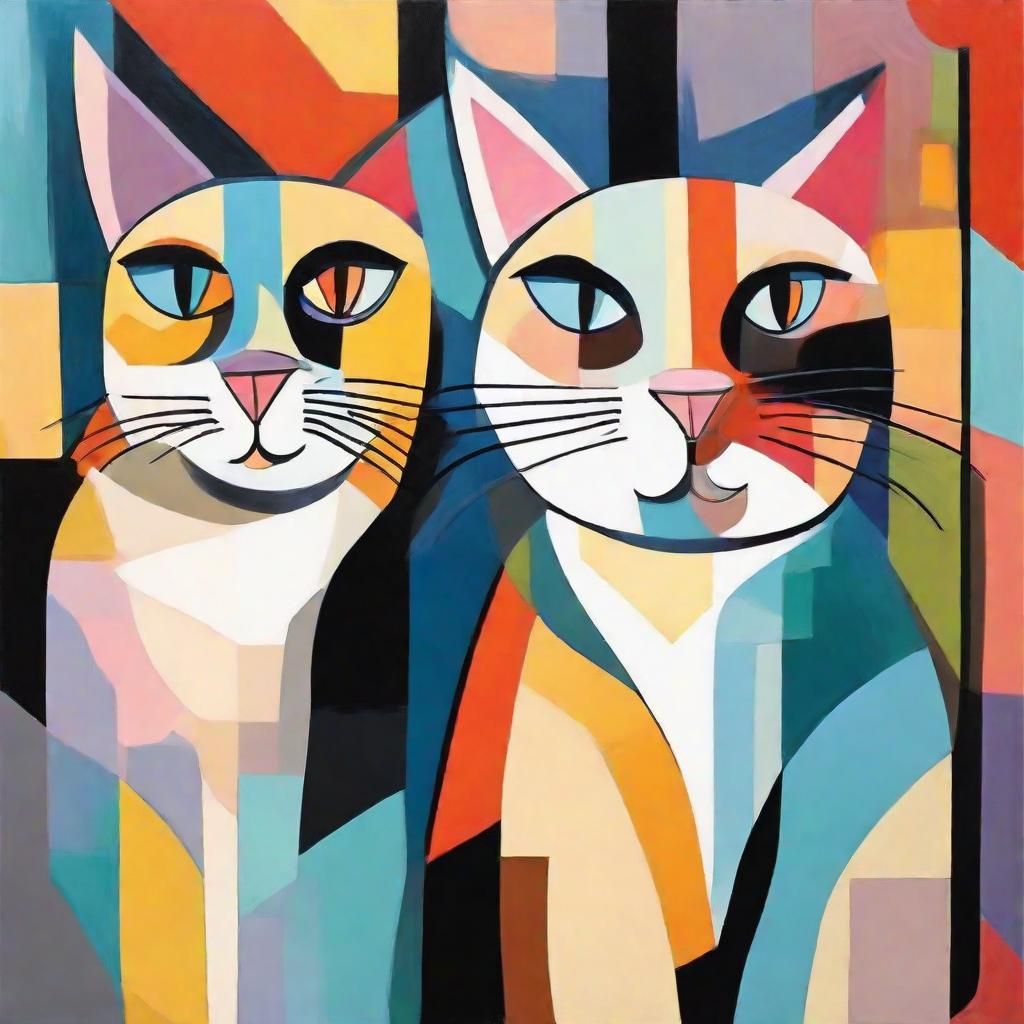 Abstract Cats in Cubist Watercolor Style