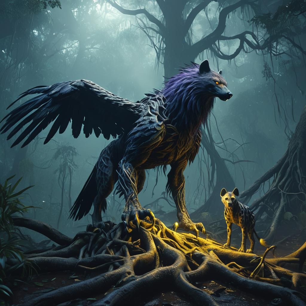 Eagle-Hyena Fusion Creature in Dark Fantasy Forest