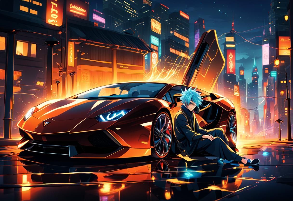 Wizard and Lamborghini in Dynamic Anime Illustration