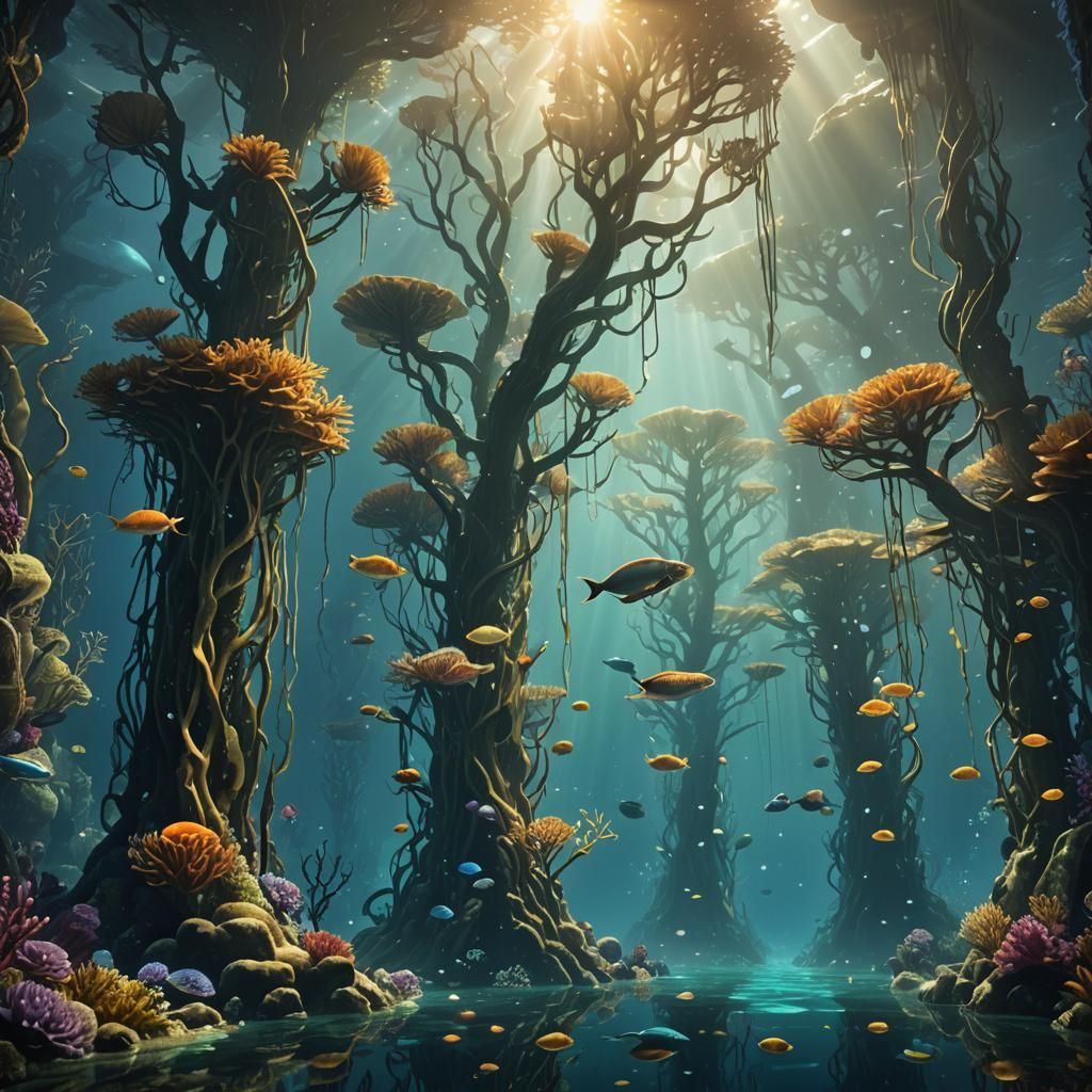 Underwater Forest with Bioluminescent Kelp: Digital Matte Pa...