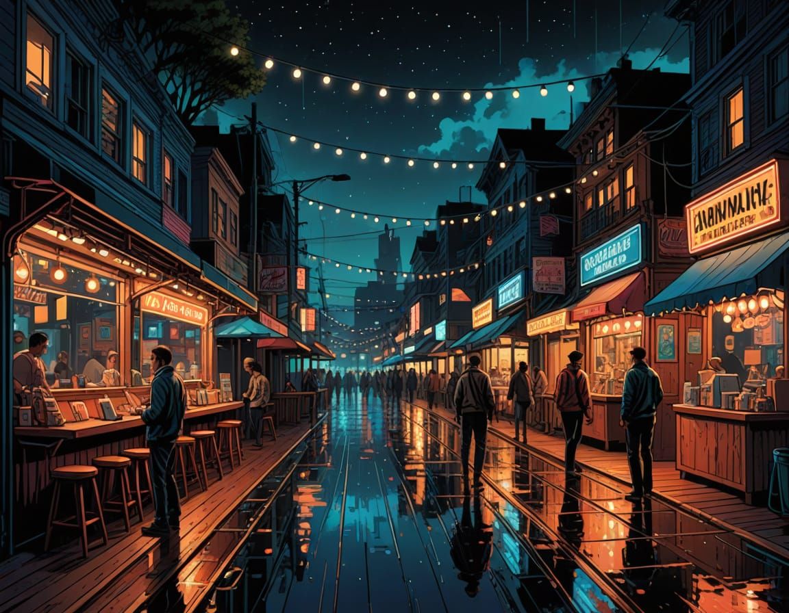 Night Boardwalk Scene in Comic Book Style