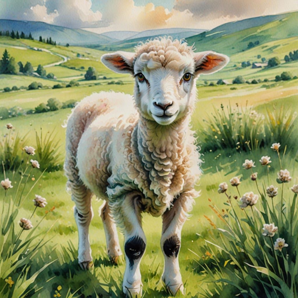 Watercolor Lamb Portrait in Sunny Meadow