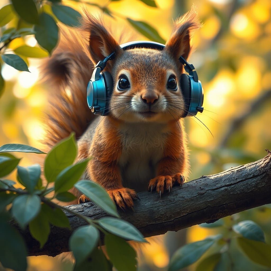 Squirrel Listens to Music with Headphones in Forest