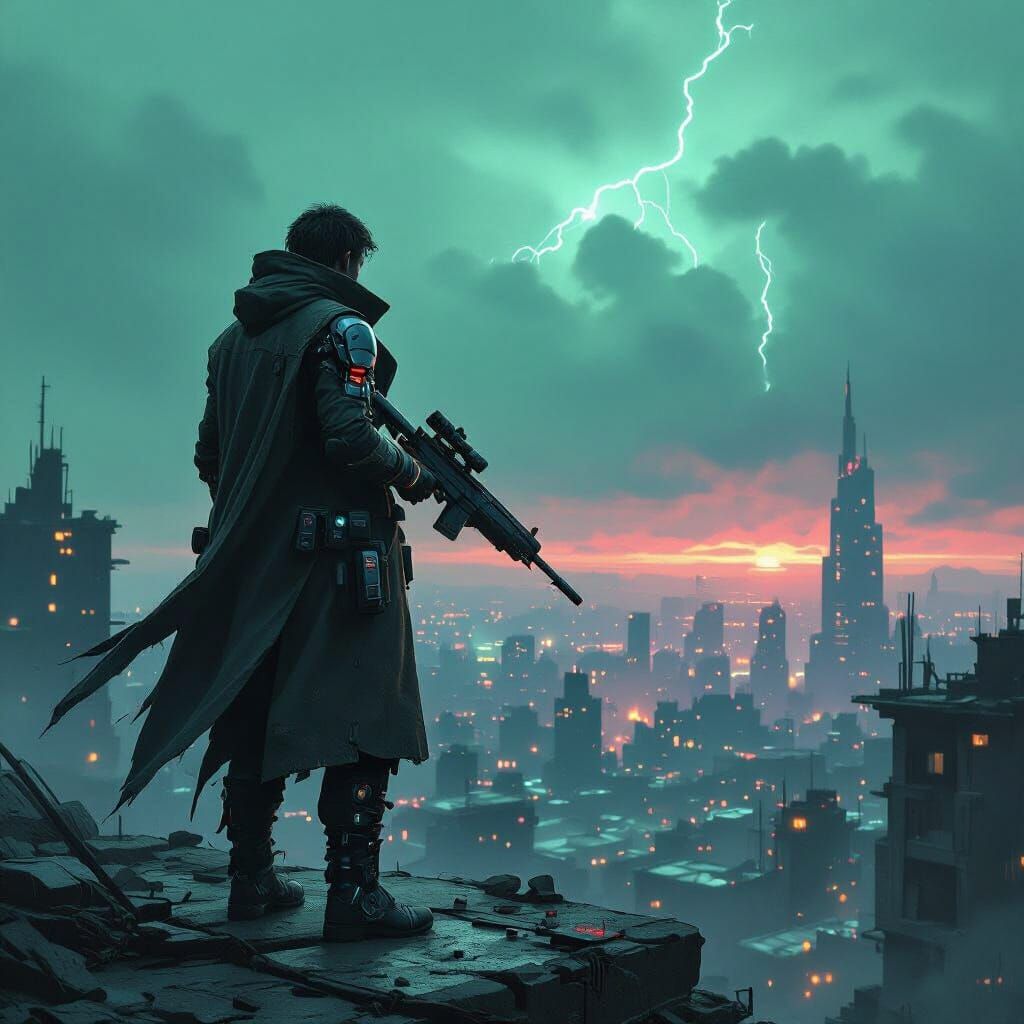 Dystopian Rooftop: Cyberpunk Warrior in Ruined City