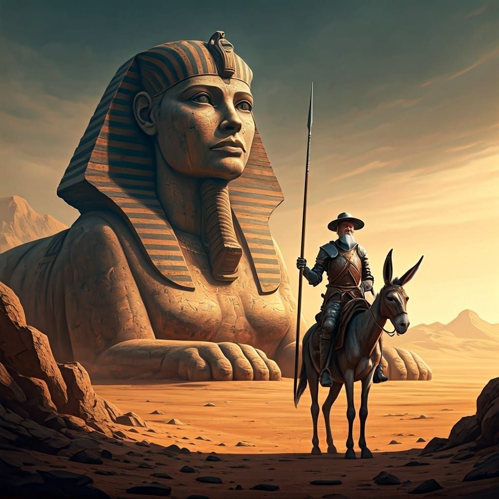 Don Quixote Confronts the Sphinx in Hyperrealistic Style