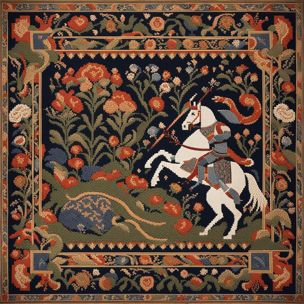 Pixel Art Knight Battles Serpent in Floral Frame