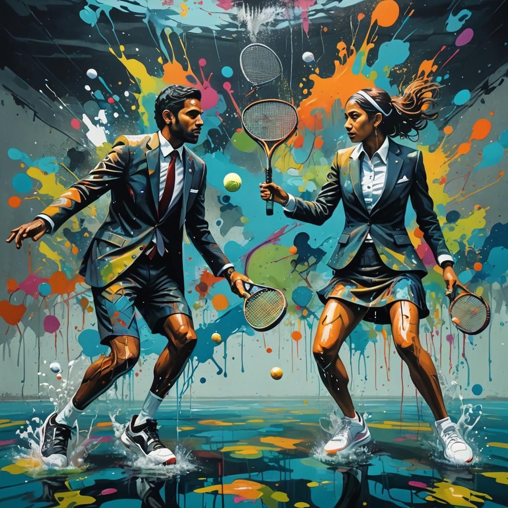 Indian man & woman playing tennis  wearing suits.