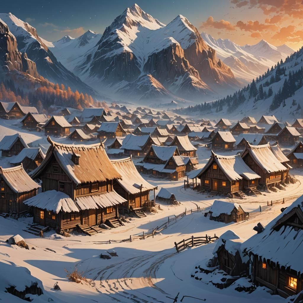 Snowy Mountain Viking Village at Golden Hour
