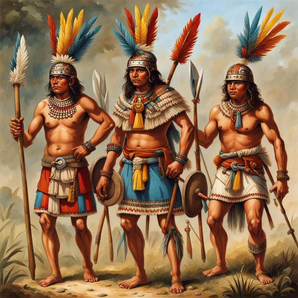 Aztec Warriors with Atlatls in Colorful Attire