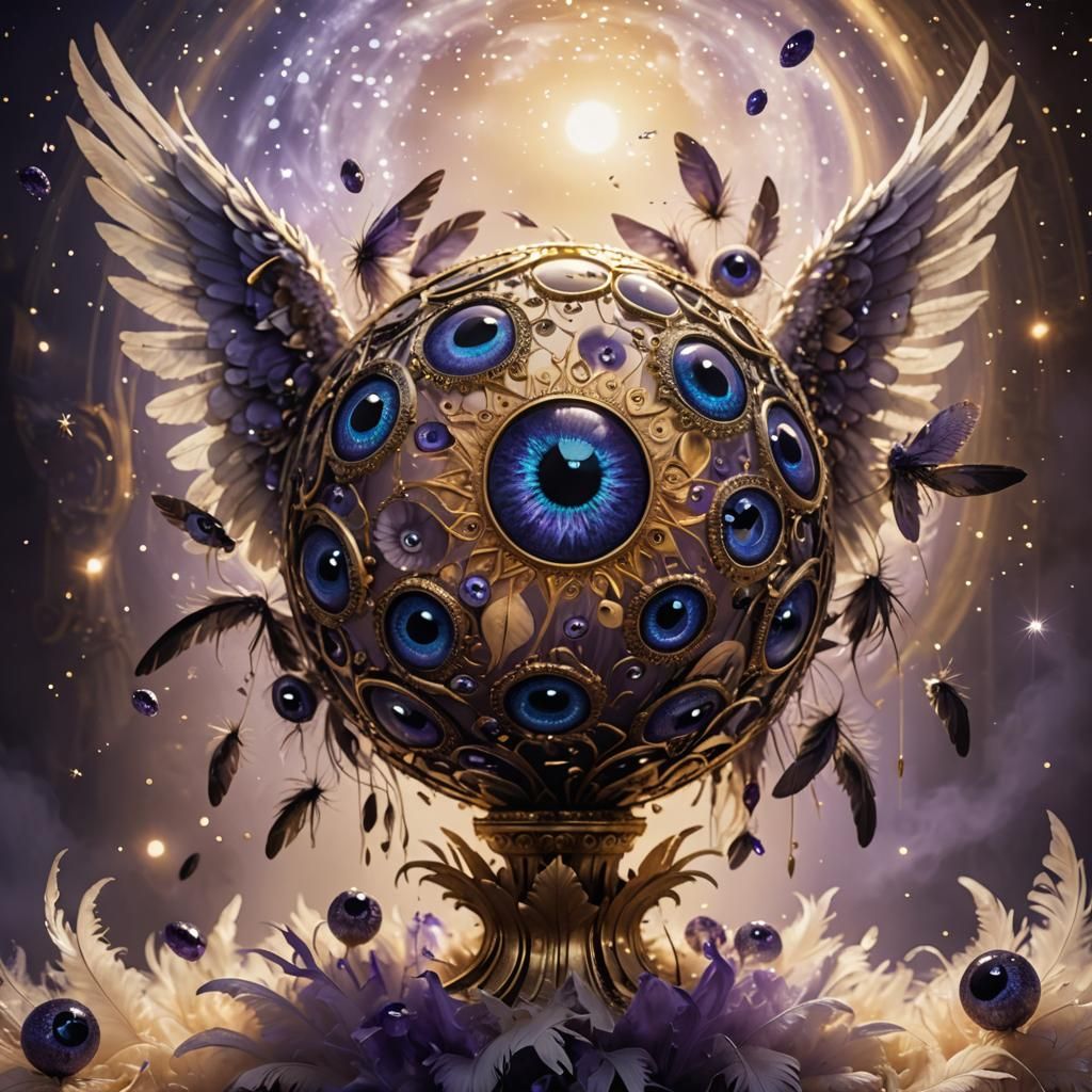 Surreal Eye Sphere with Angelic Wings