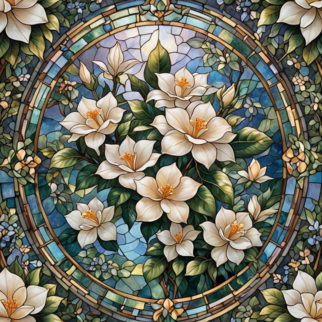Gardenia in Stained Glass: Ethereal Fantasy Art