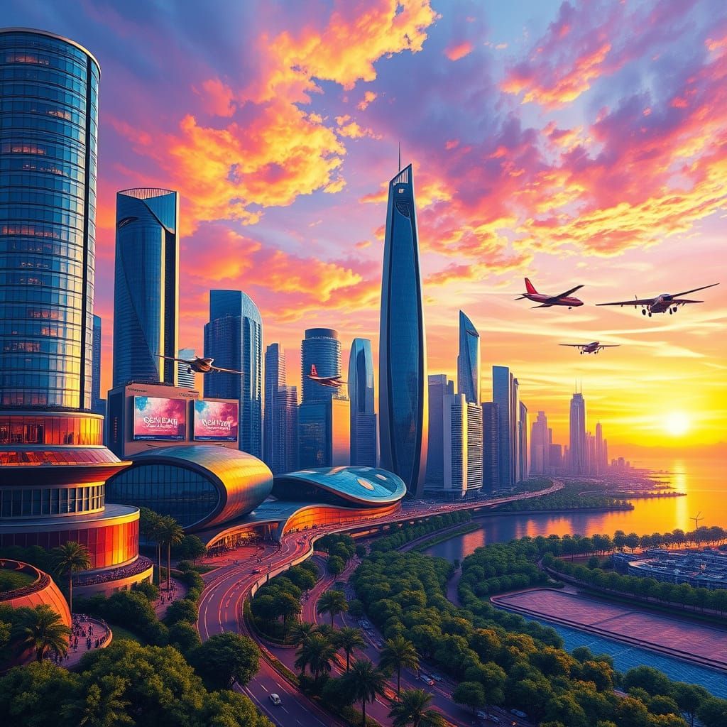 Sleek Futuristic Cityscape at Sunset in Neo-Impressionist St...