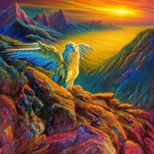 Majestic Griffin on Mountain Peak at Sunset with Aurora