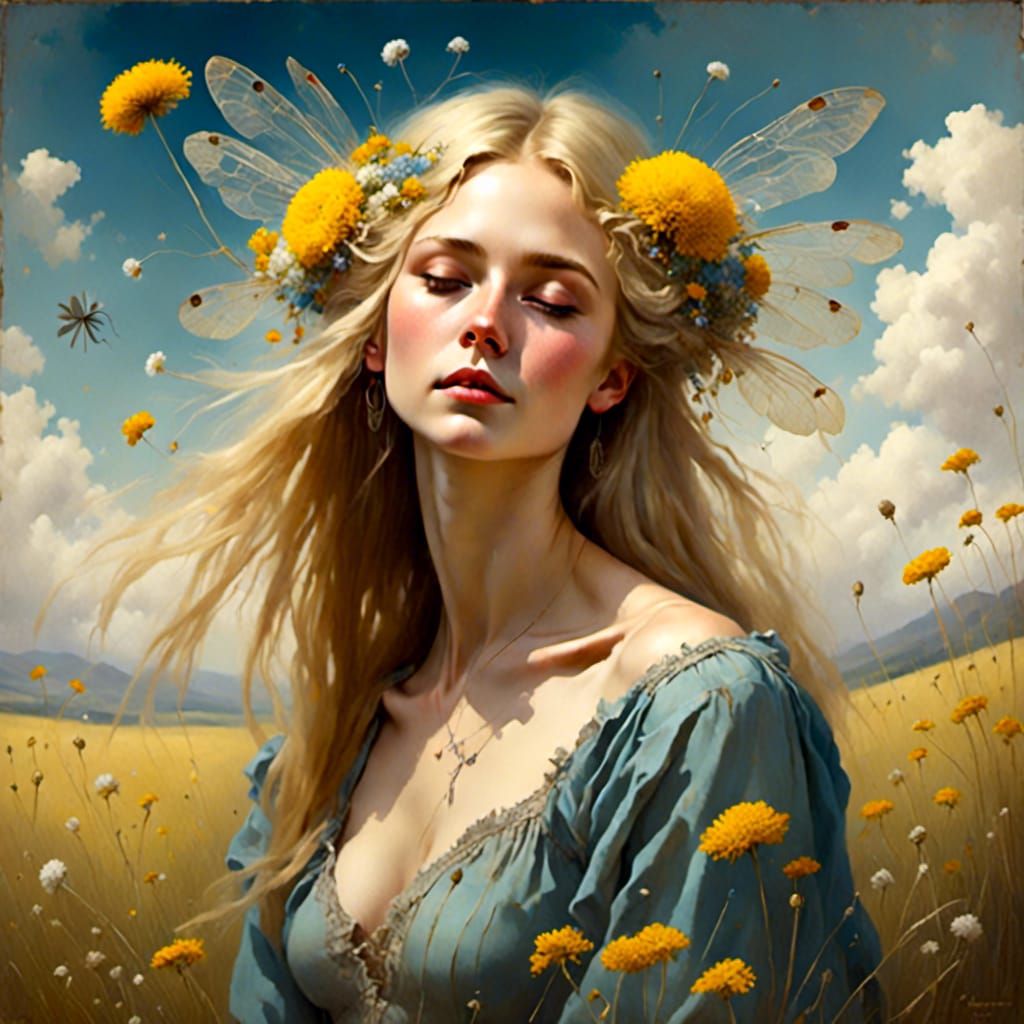 Dreamy Fairy with Dandelion Hat in Meadow