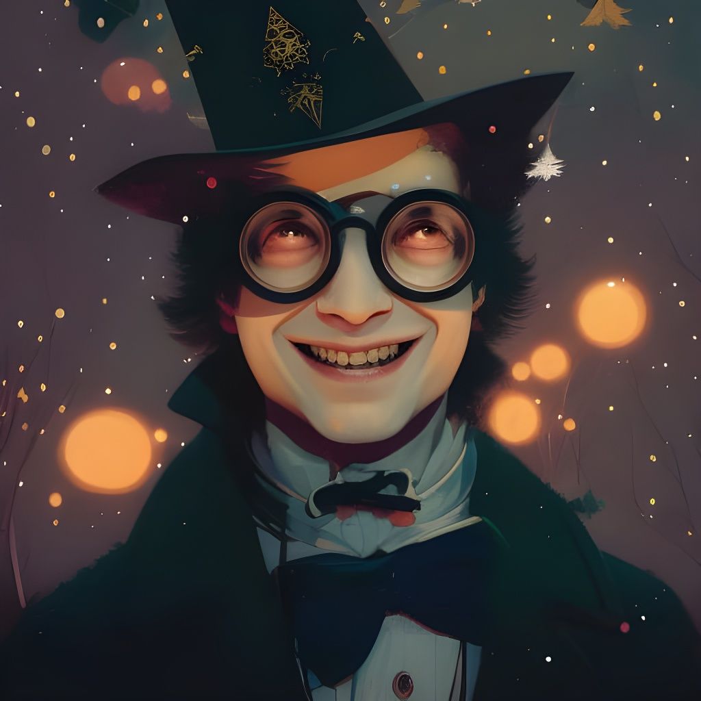 Laughing French Wizard in Snowy Valley at Night