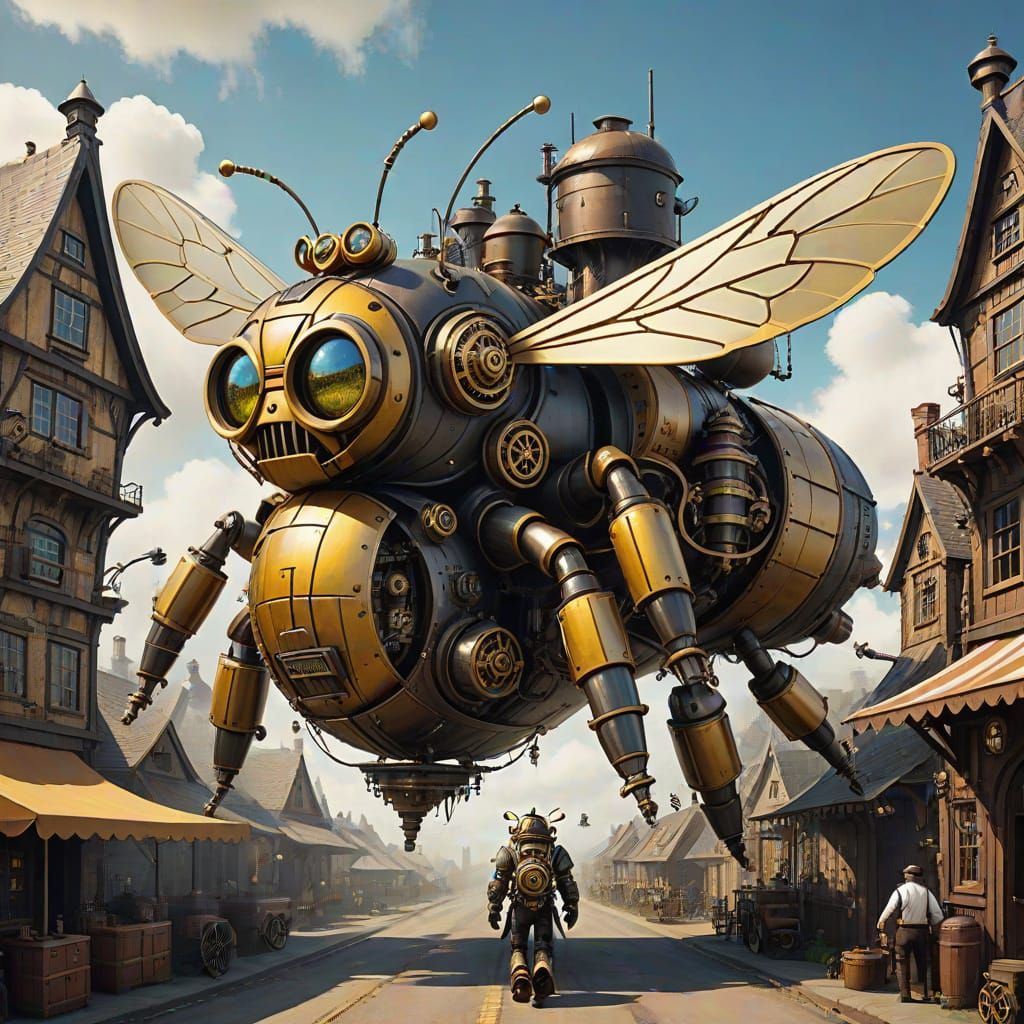 Clockwork Bumblebee Flying in Steampunk Village