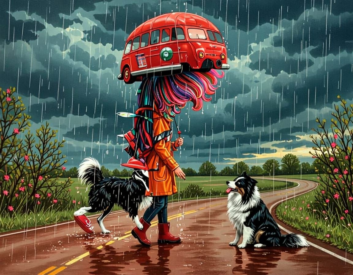 Red Baby Bus with Pink Hair and Border Collie in Spring Rain
