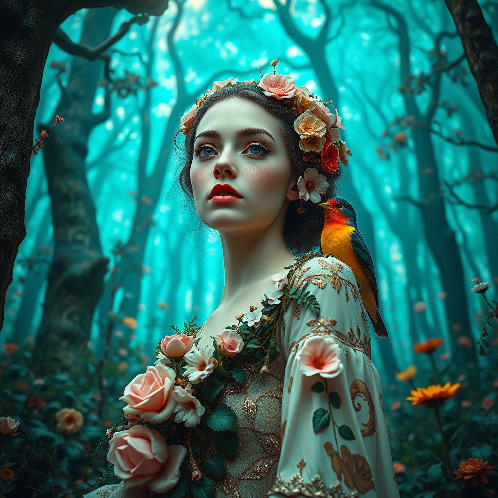 Woman in Enchanted Forest: Art Nouveau Style