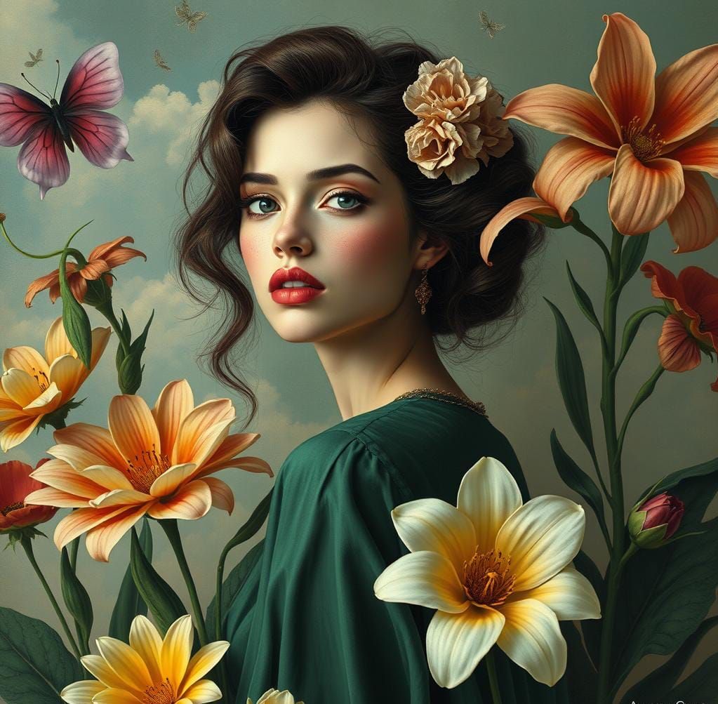Surreal Woman with Exotic Floral Adornments