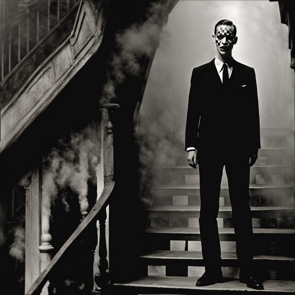 Sinister Man Descending Stairs in Surrealist Style