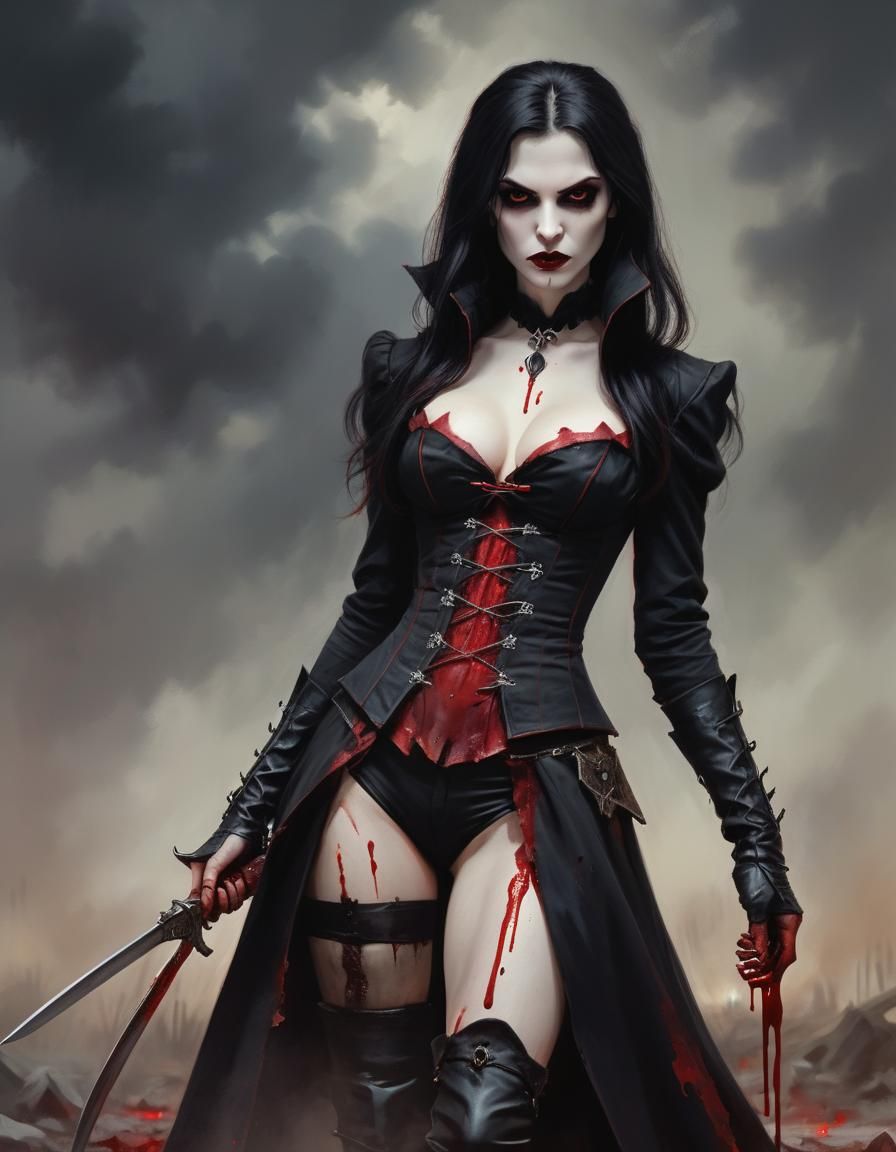 Gothic Vampire Warrior on Battlefield, Dark Romantic Paintin...