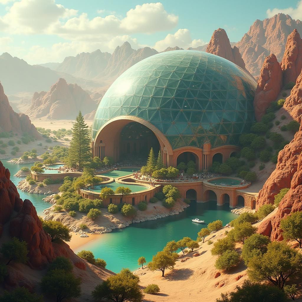 Lush Oasis City Thriving in Arid Desert Dome