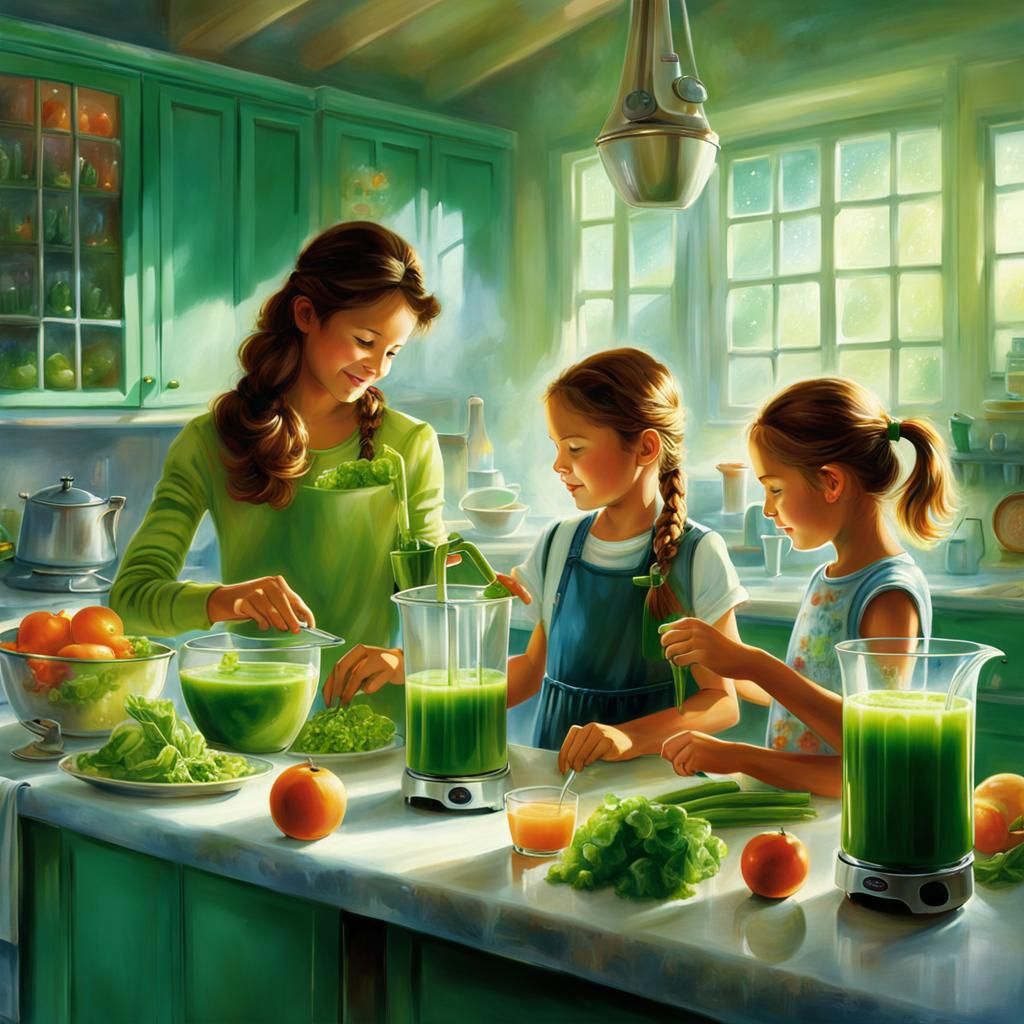 Futuristic Mother and Children Making Green Juice