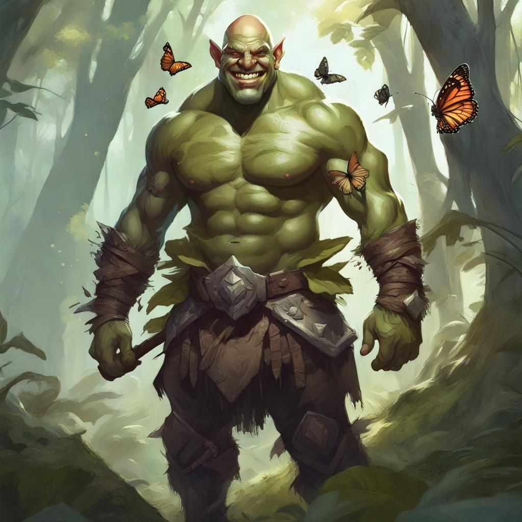 Orc Barbarian with Butterfly, Hyperdetailed Portrait