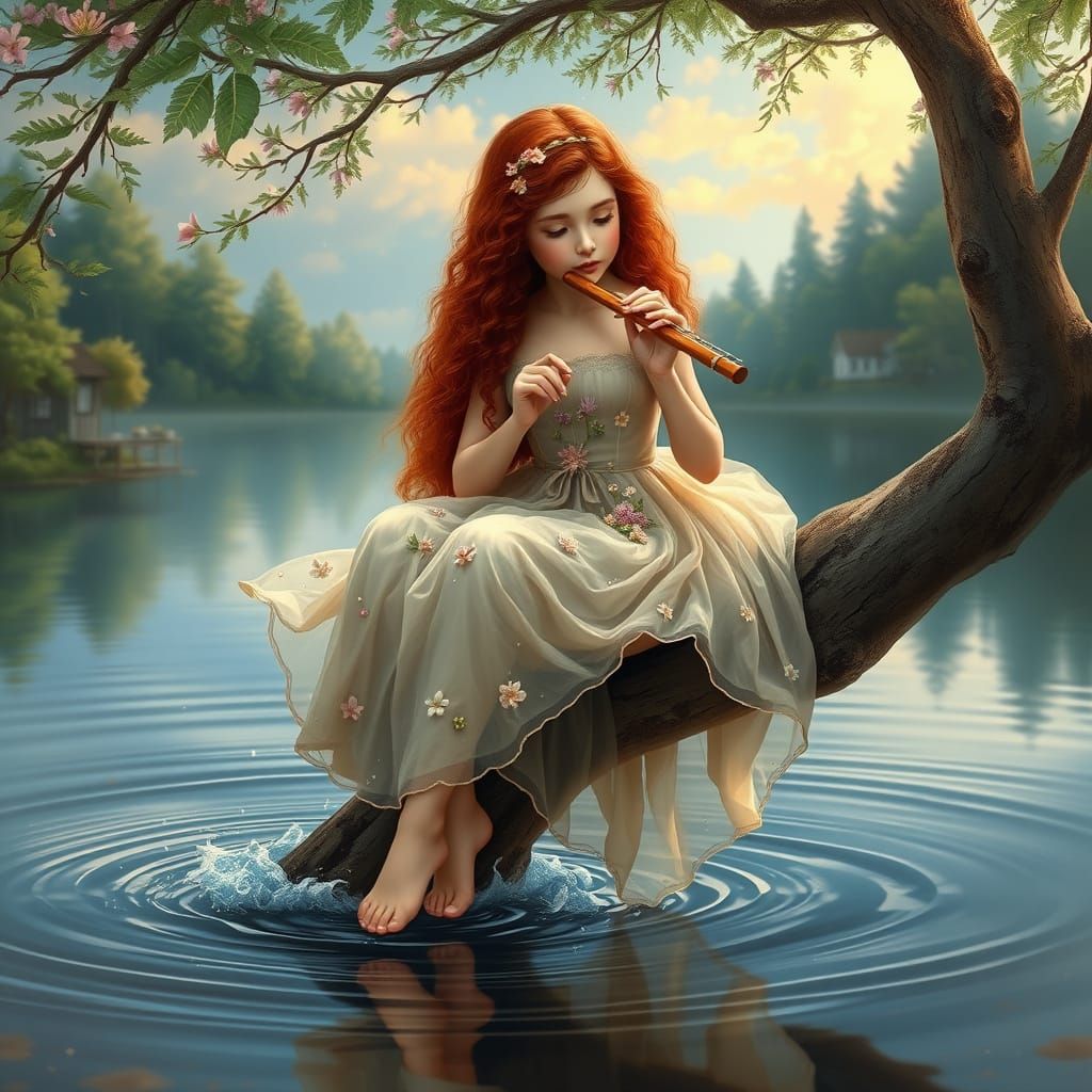Girl with Flute in Ethereal Lakeside Scene