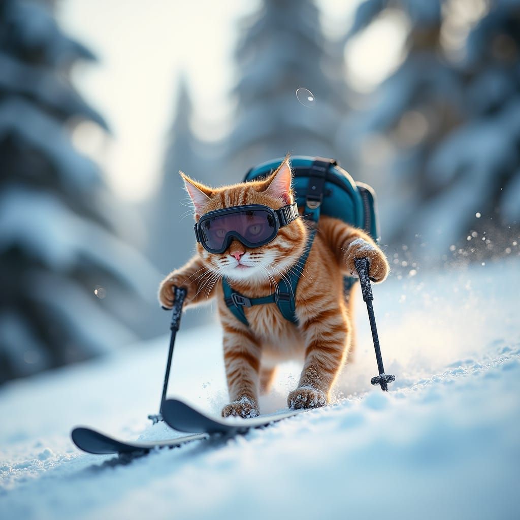 Cat Skier on Snowy Mountain Adventure
