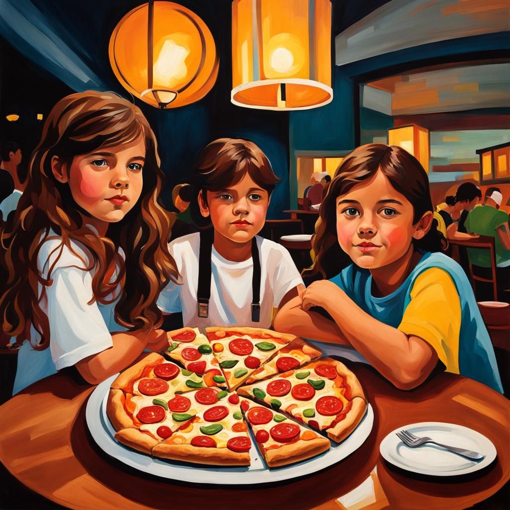 Kids Eating Pizza: Abstract Art with Vivid Colors