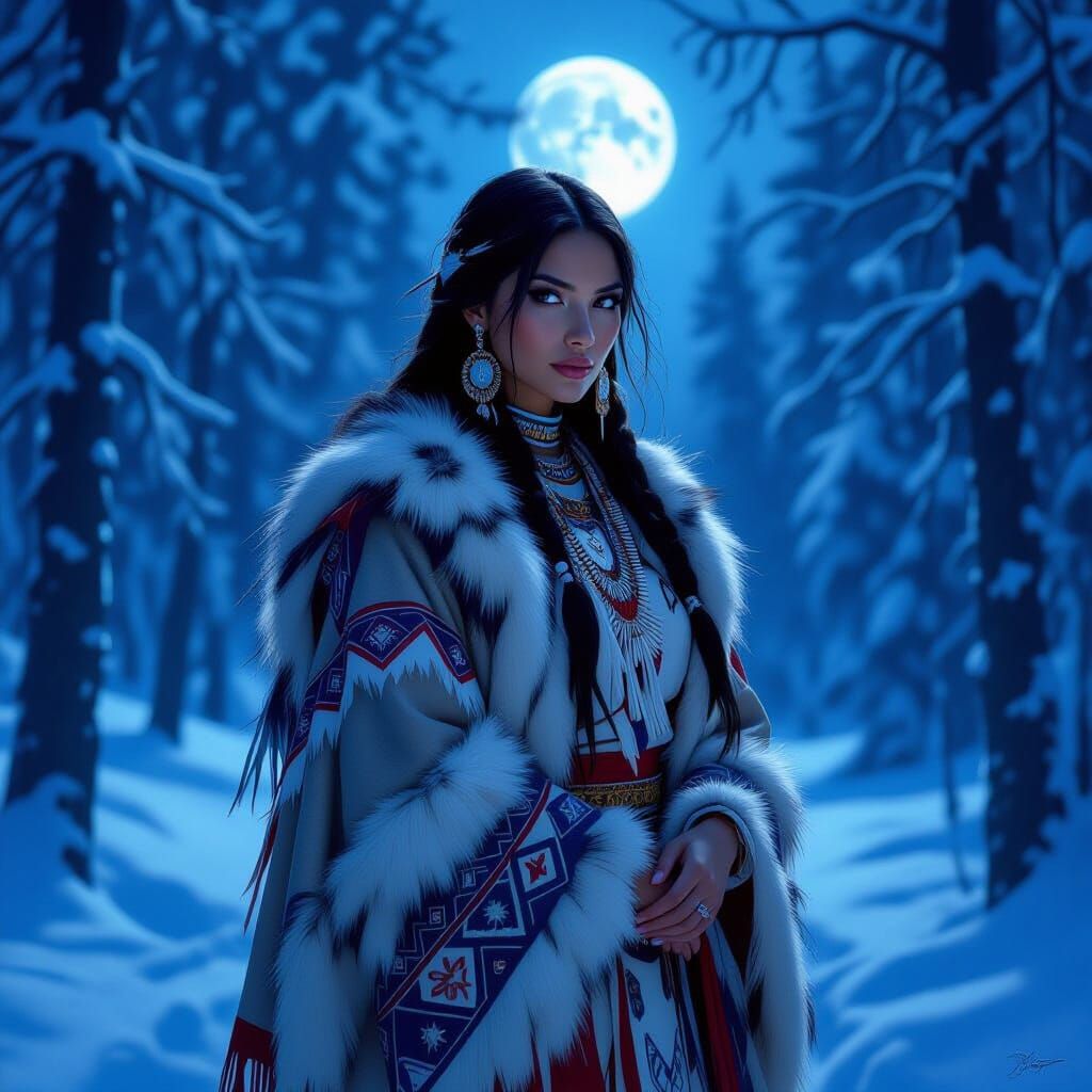 woman in traditional Native American clothing, adorned with ...