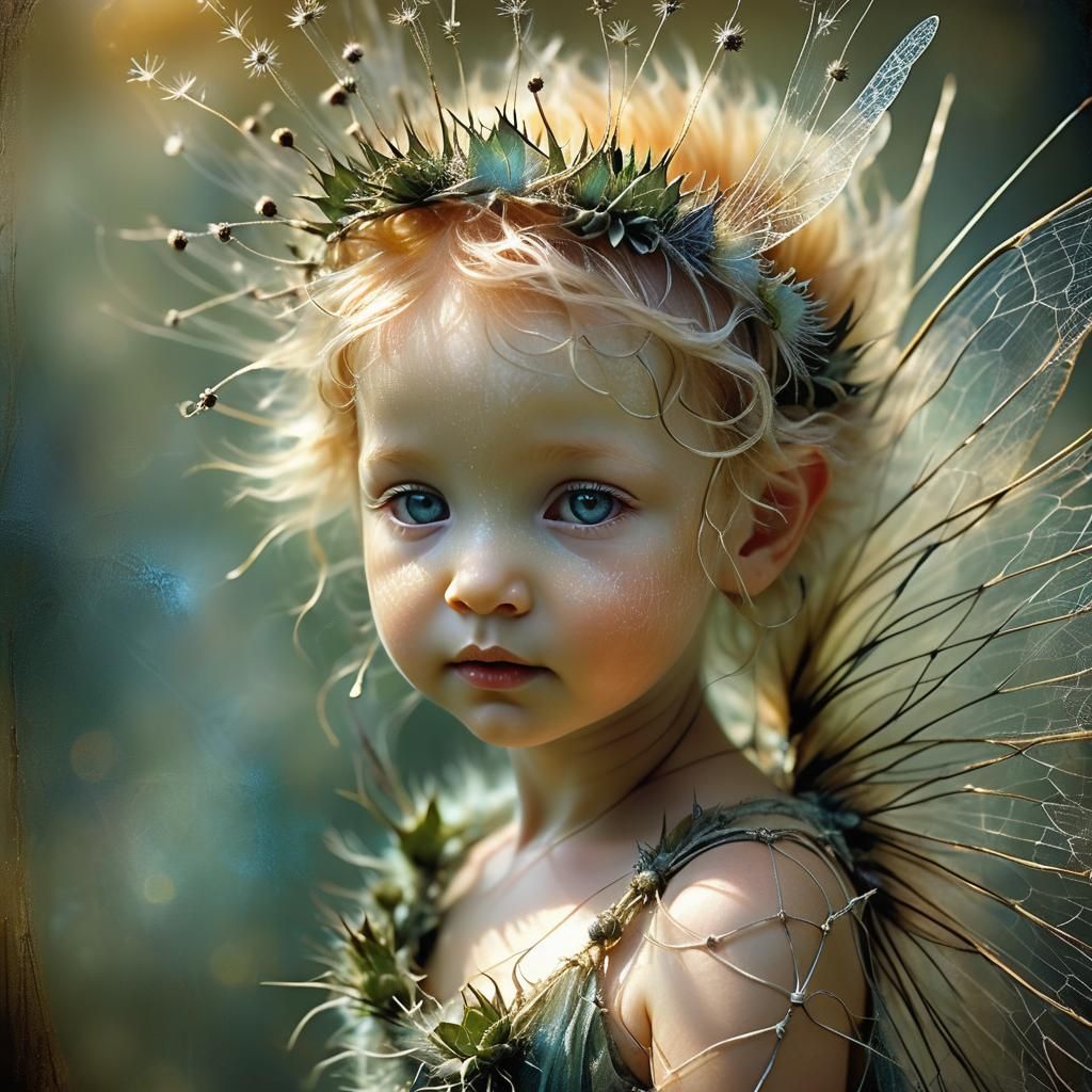 Thistle Fairy Portrait with Opalescent Wings