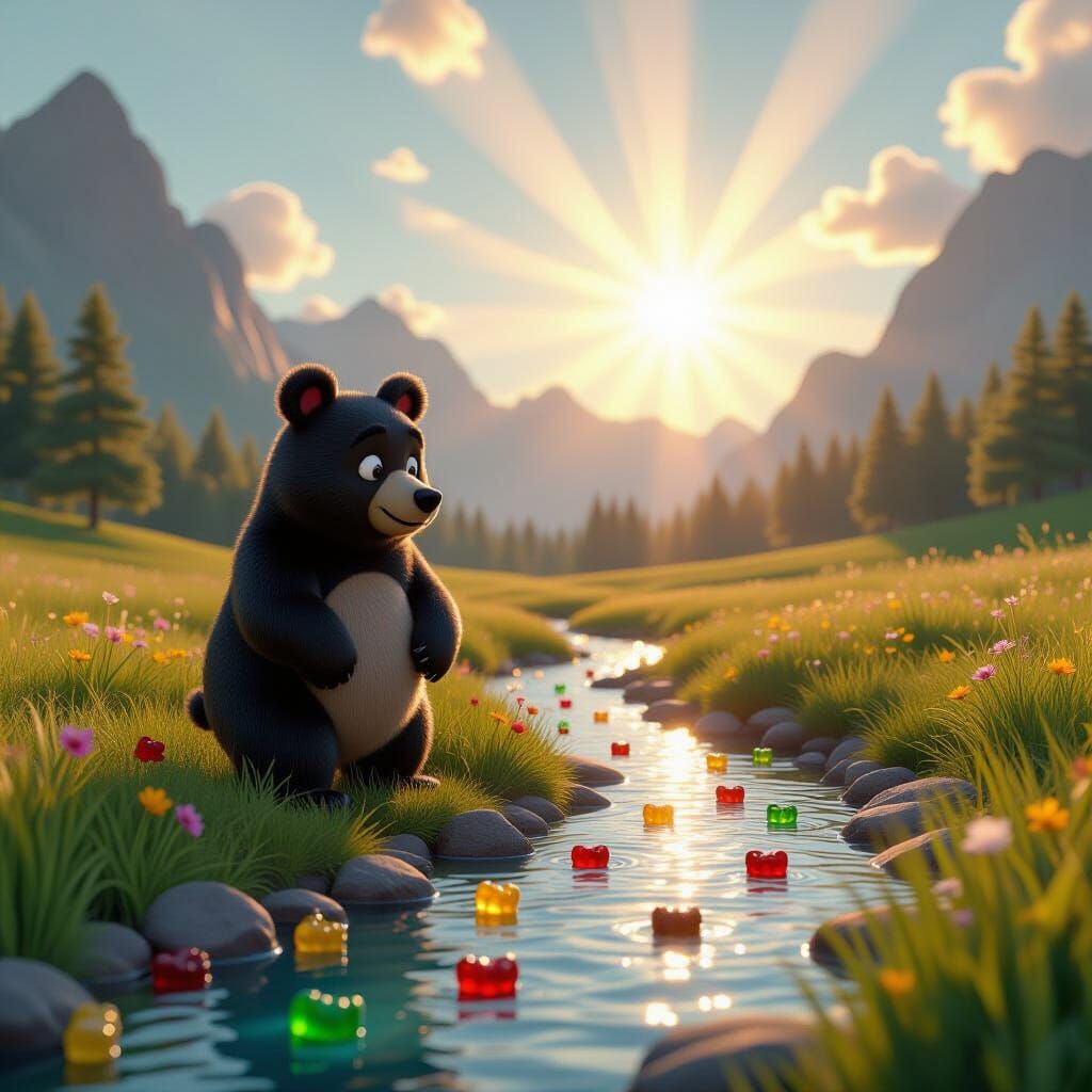 Whimsical Bear Beside Gummy Bear River