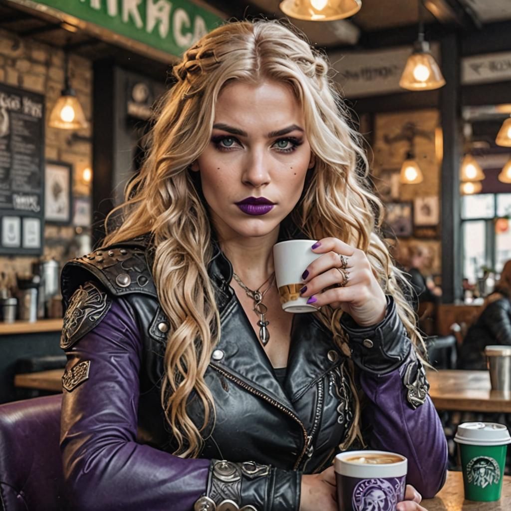 Valkyrie in Biker Outfit Drinking Coffee