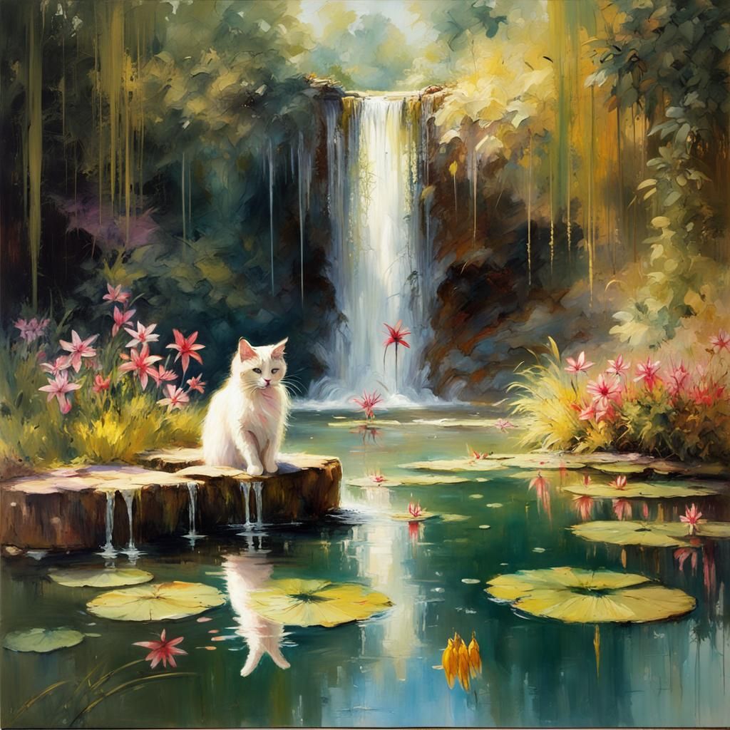 Joyful Cat Swims in Lily Pond Waterfall: Fine Art