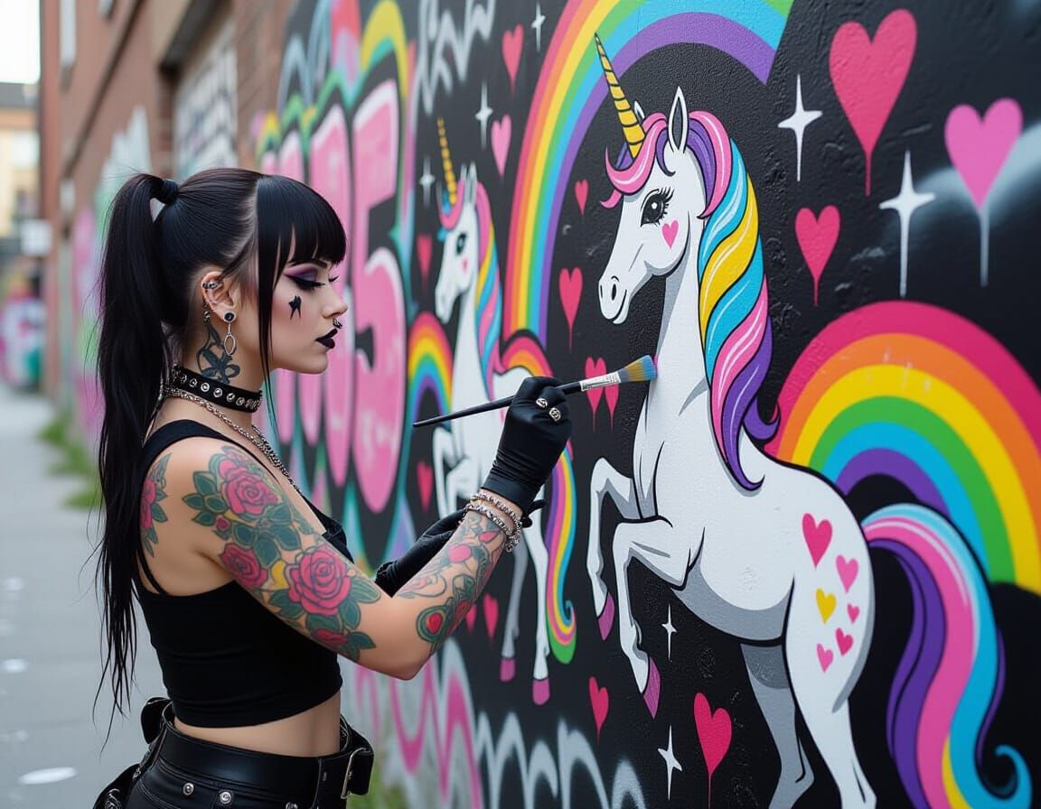 Goth Girl Bomb Painting Unicorns on Ruined Wall