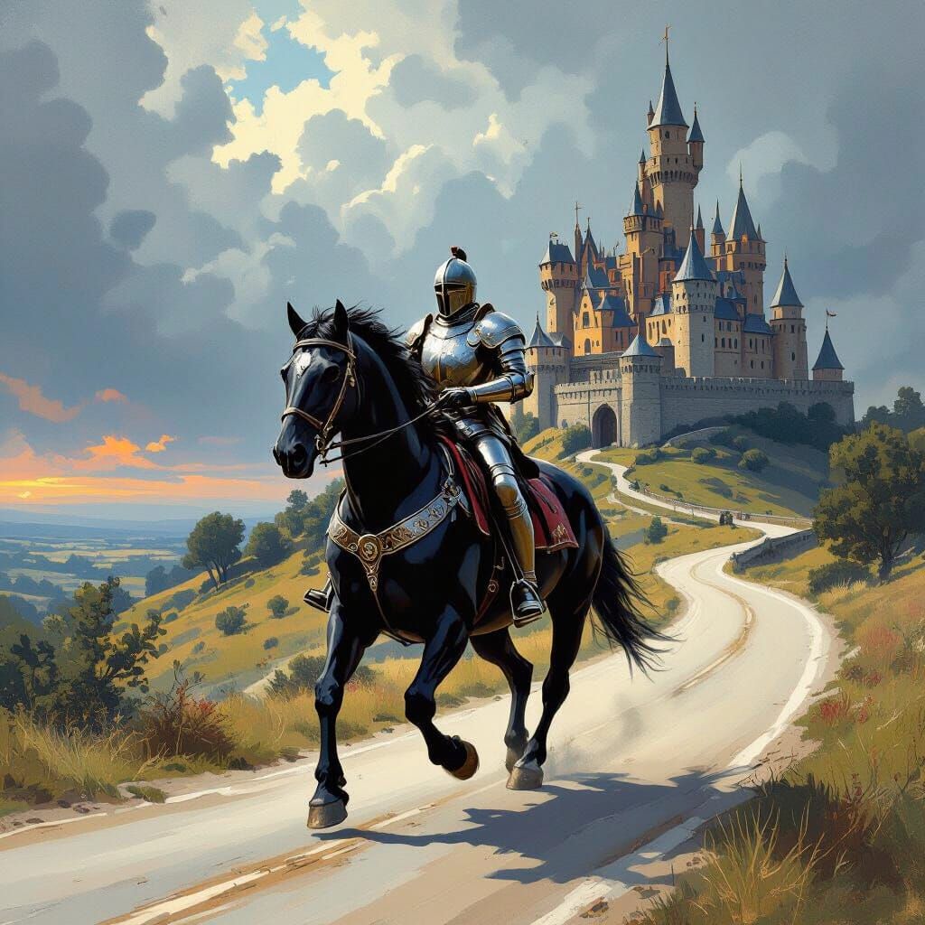 Armored Knight on Black Horse, Dramatic Fantasy Art