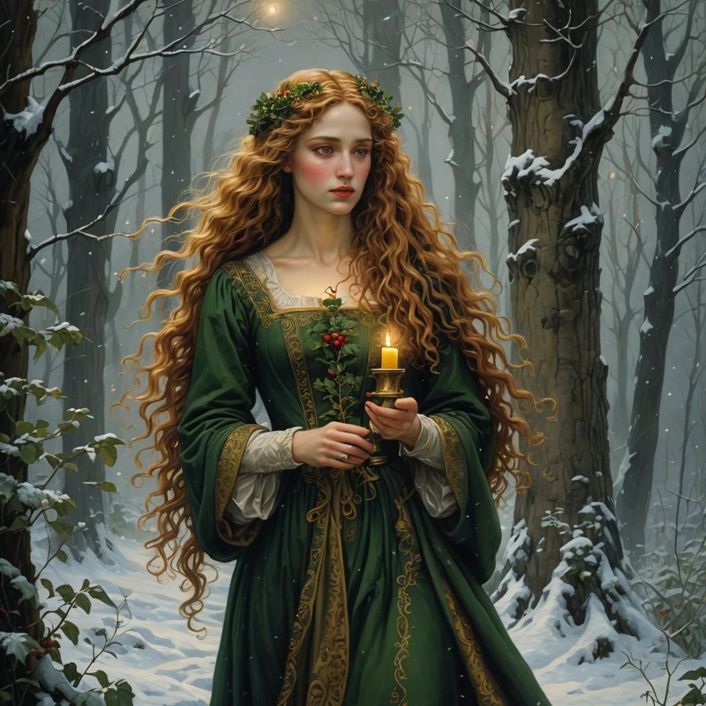 Medieval Woman in Snowy Forest, Pre-Raphaelite Style